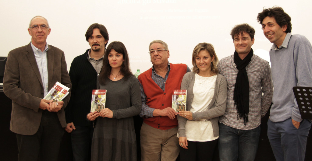 Presentazione del volume al DFA il 14 novembre 2013. Da sinistra: Michele Mainardi, Simone Fornara, Sara Giulivi, Adolfo Tomasini, Silvia Demartini, Daniele Dell'Agnola e Massimo Bonini.